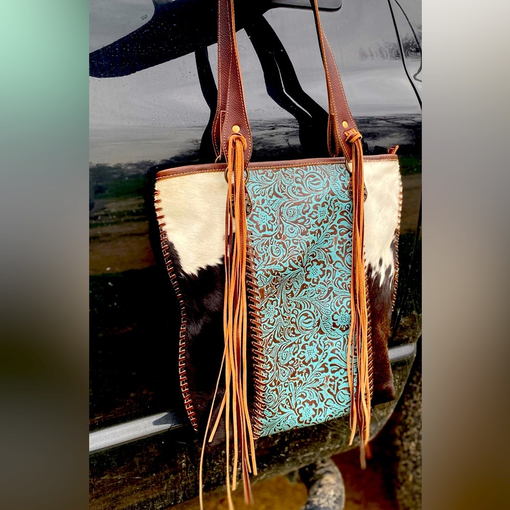 Cow hide and turquoise leather bag. (Not a crossbody)